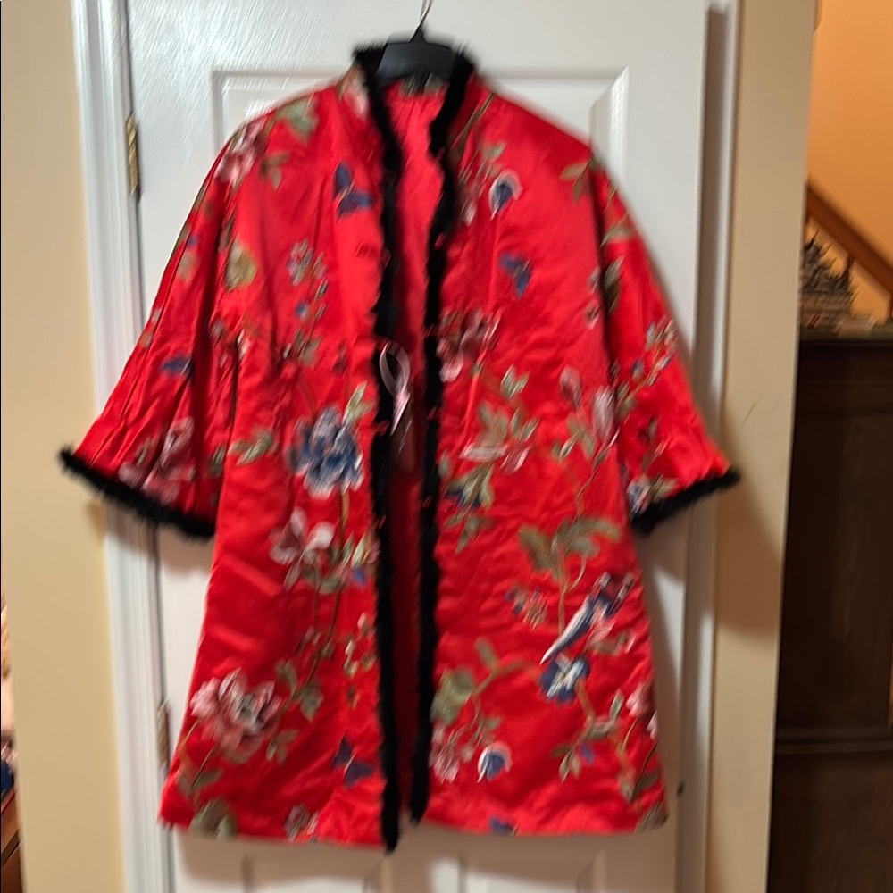Luxury Satin Floral Embroidered Red Kimono Jacket with Black Fur Trim